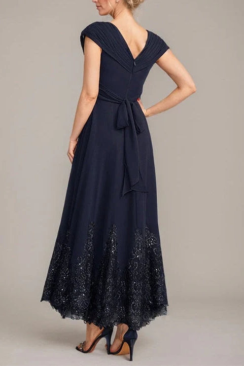 V-Neck Cap Sleeves Chiffon A-Line Lace Appliques Mother Of The Bride Dress