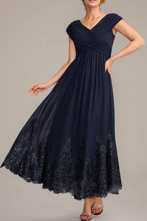 V-Neck Cap Sleeves Chiffon A-Line Lace Appliques Mother Of The Bride Dress