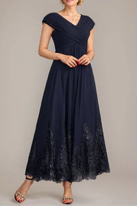 V-Neck Cap Sleeves Chiffon A-Line Lace Appliques Mother Of The Bride Dress