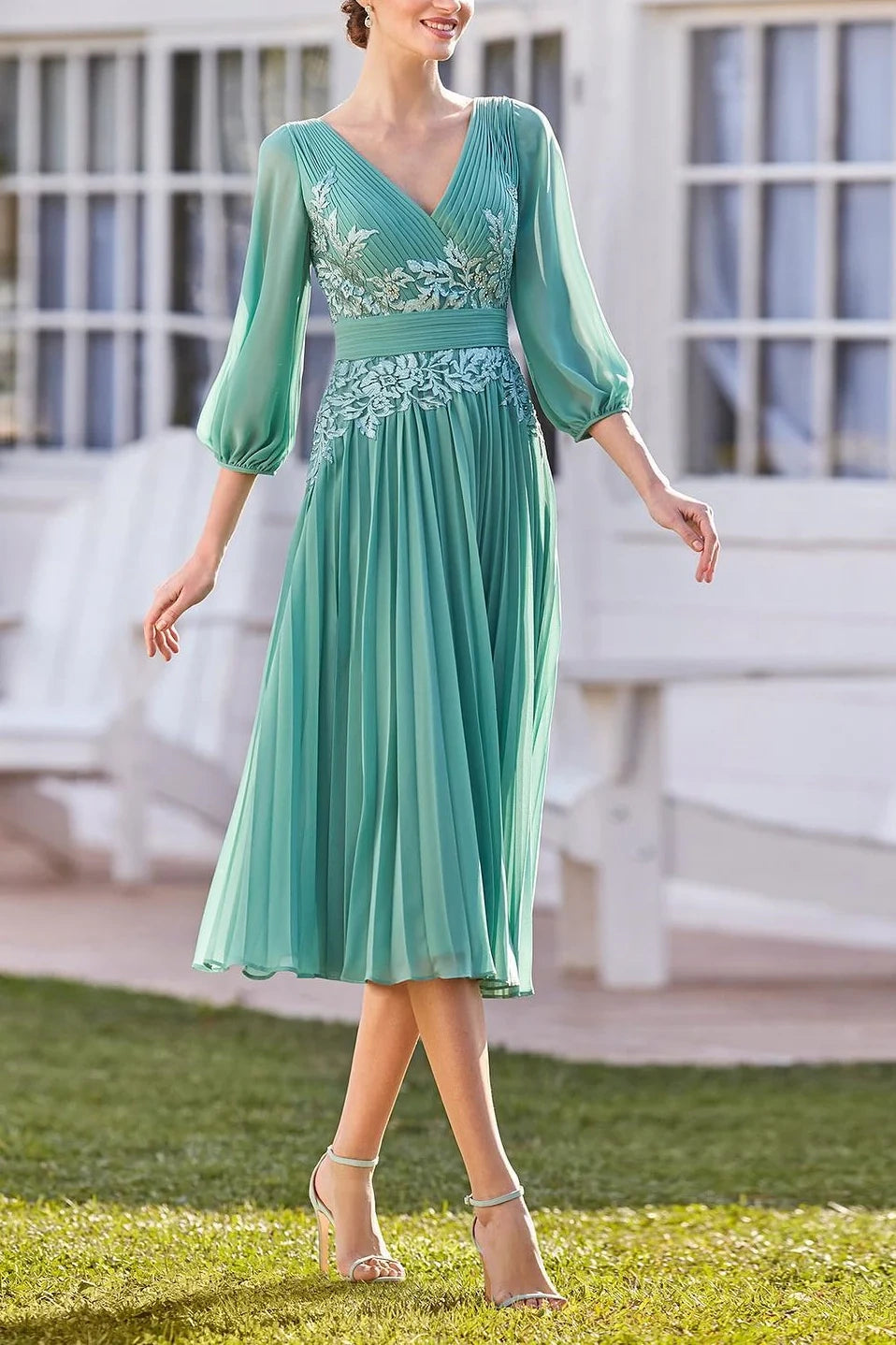 V-Neck Chiffon A-Line Appliques Mother Of The Bride Dress