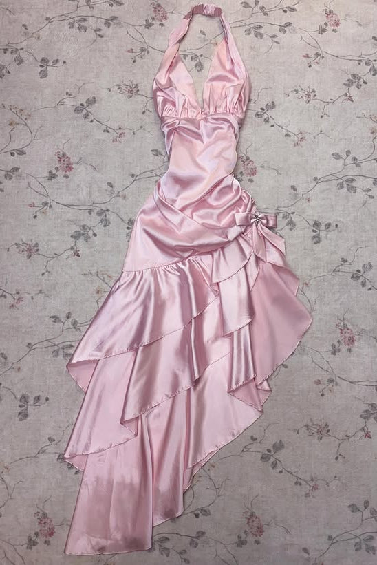 V-Neck Halter Backless Satin Tiered Long Party Prom Dress