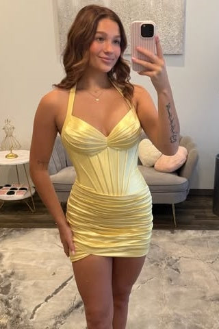 V-Neck Halter Fitted Ruched Mini Homecoming Dress