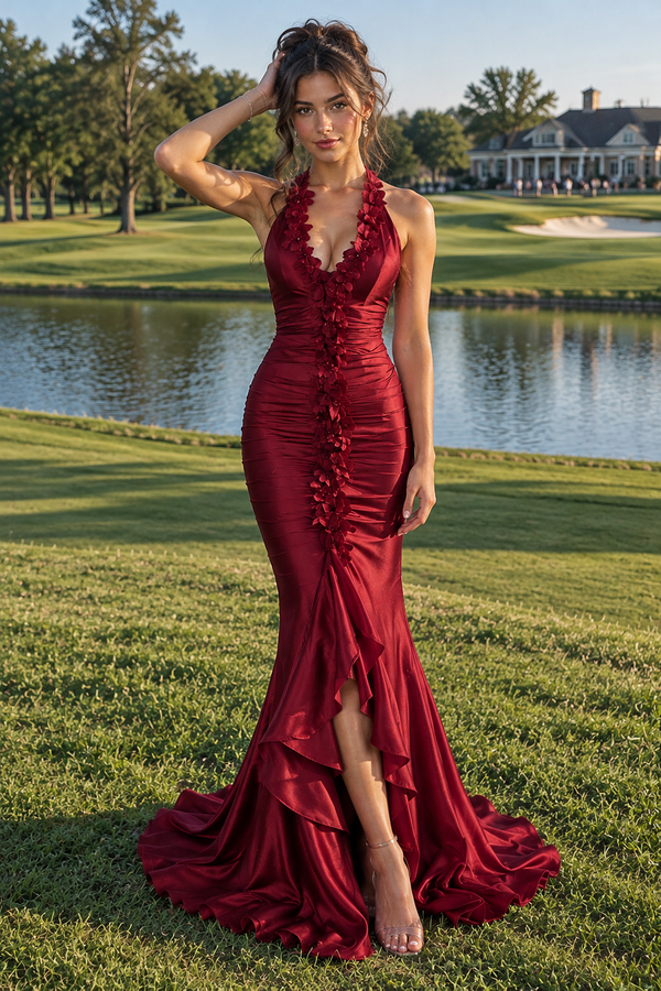 V-Neck Halter Satin Pleated Mermaid Party Prom Dress With Train