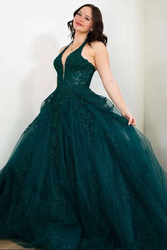 V-Neck Halter Sleeveless Tulle A-Line Lace Appliques Prom Dress
