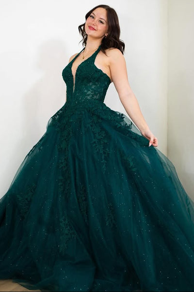 V-Neck Halter Sleeveless Tulle A-Line Lace Appliques Prom Dress