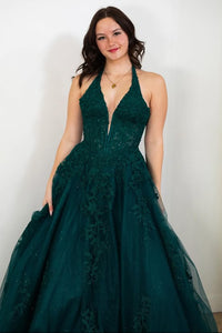 V-Neck Halter Sleeveless Tulle A-Line Lace Appliques Prom Dress