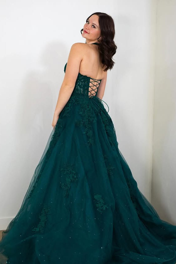 V-Neck Halter Sleeveless Tulle A-Line Lace Appliques Prom Dress