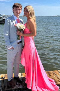 V-Neck Open Back Mermaid Satin Party Prom Dress With Ruffle Slit