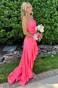 V-Neck Open Back Mermaid Satin Party Prom Dress With Ruffle Slit