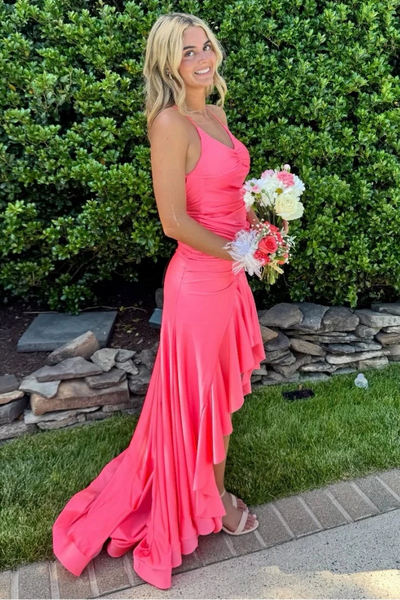 V-Neck Open Back Mermaid Satin Party Prom Dress With Ruffle Slit