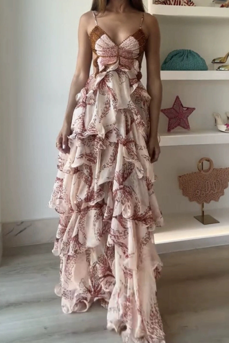 V-Neck Open Back Tiered Chiffon A-Line Appliques Party Prom Dress