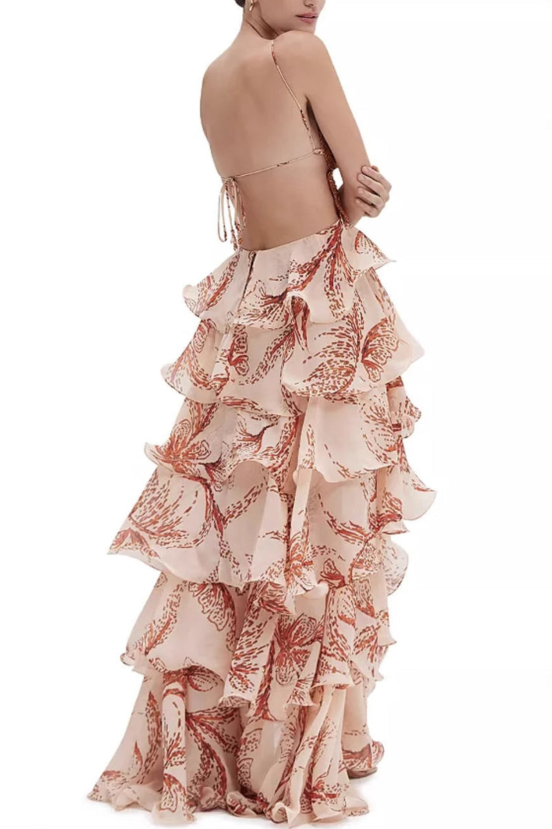 V-Neck Open Back Tiered Chiffon A-Line Appliques Party Prom Dress