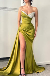 V-Neck Pearls Strapless Empire Satin Party Prom Dress With High Split