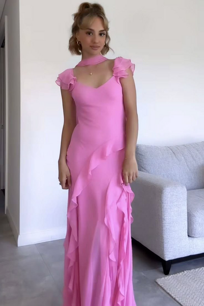 V-Neck Ruffle Straps Chiffon Maxi Party Prom Dress