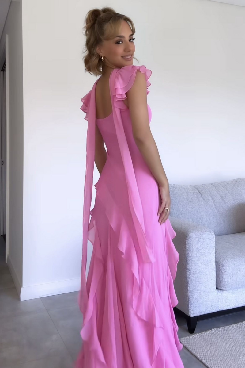 V-Neck Ruffle Straps Chiffon Maxi Party Prom Dress