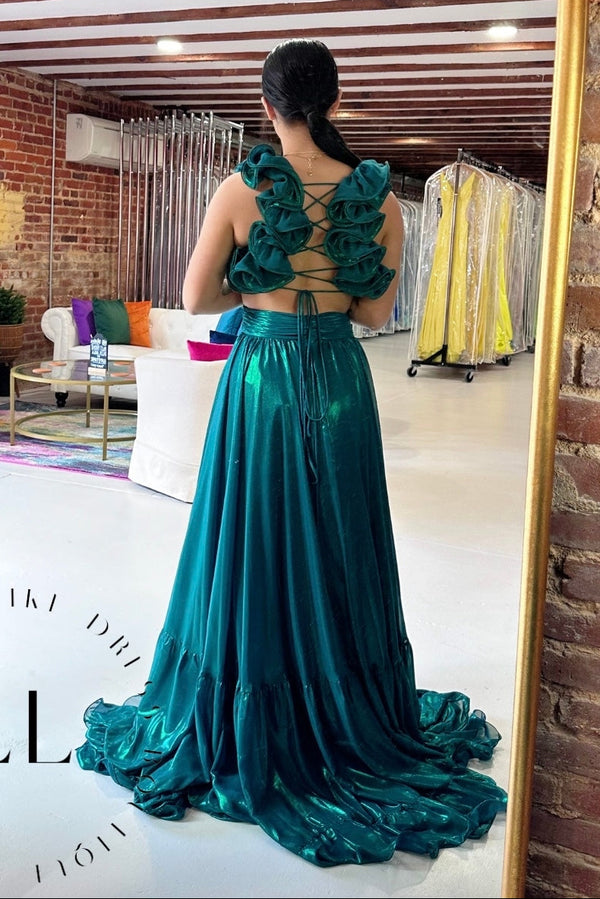 V-Neck Ruffle Straps High Waist Satin A-Line Party Prom Dress
