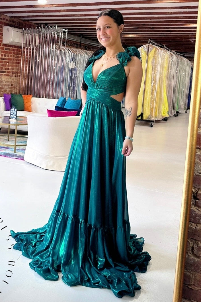 V-Neck Ruffle Straps High Waist Satin A-Line Party Prom Dress