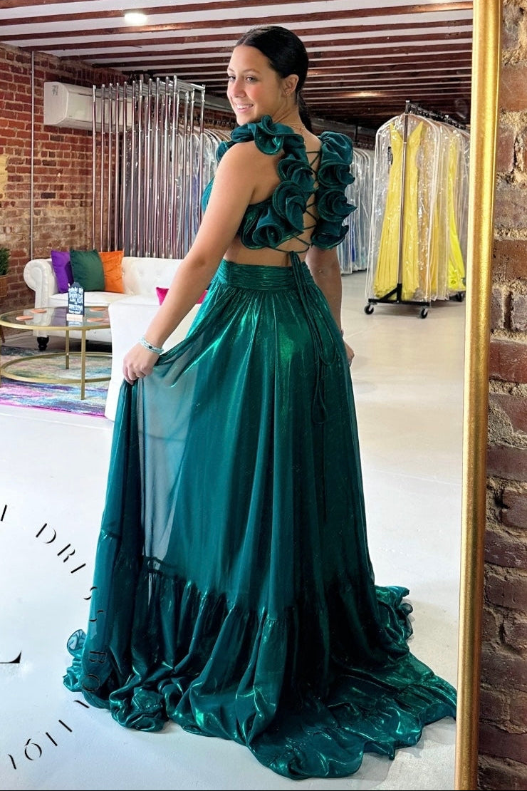 V-Neck Ruffle Straps High Waist Satin A-Line Party Prom Dress