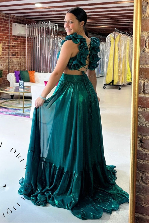 V-Neck Ruffle Straps High Waist Satin A-Line Party Prom Dress