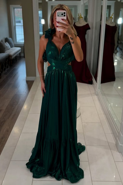 V-Neck Ruffle Straps High Waist Satin A-Line Party Prom Dress