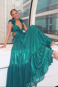 V-Neck Ruffle Straps High Waist Satin A-Line Party Prom Dress