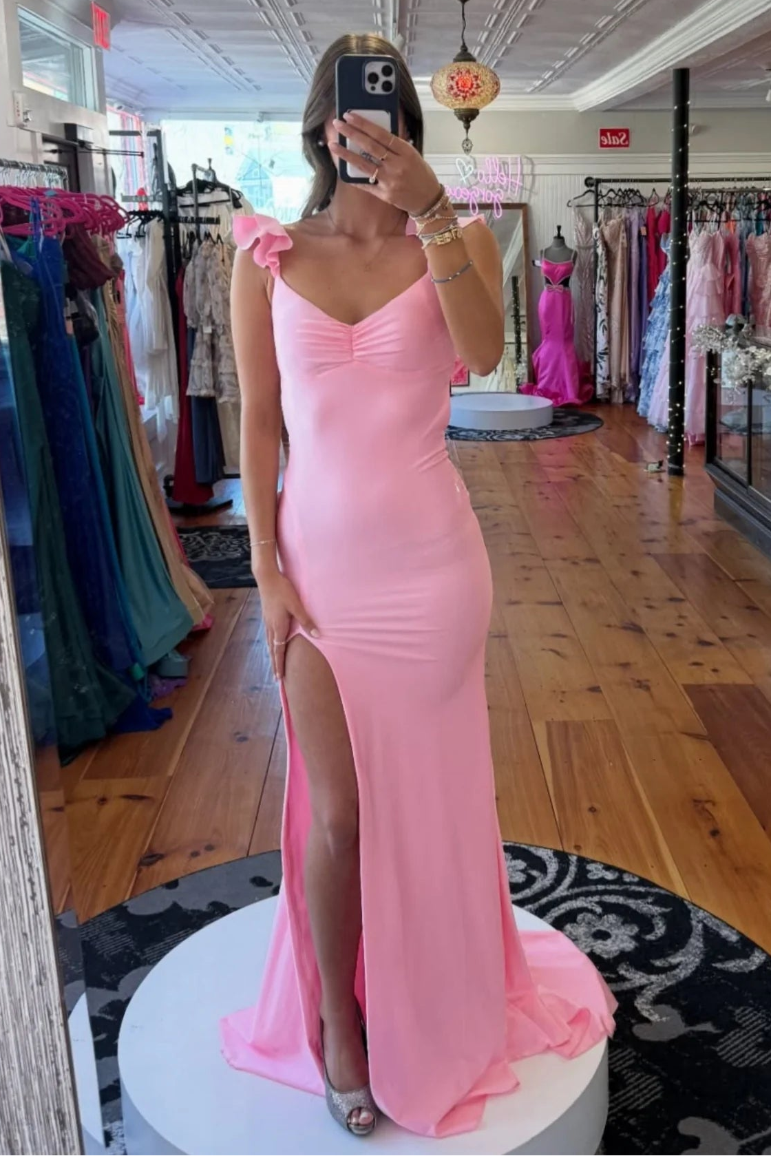 V-Neck Ruffle Straps Mermaid Satin Party Prom Dress