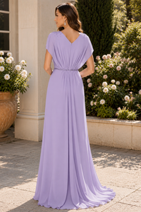 V-Neck Short Sleeves A-Line Chiffon Maxi Mother Of The Bride Dress