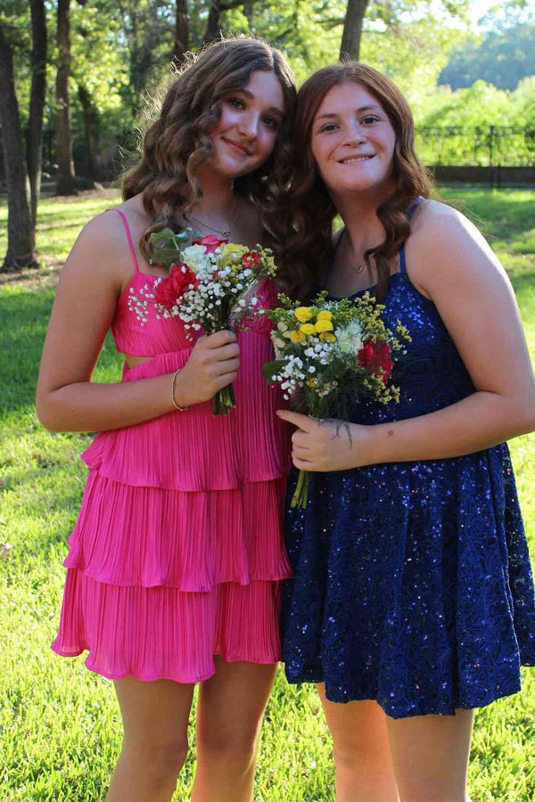 V-Neck Sleeveless A-Line Pleated Tiered Mini  Party Homecoming Dress