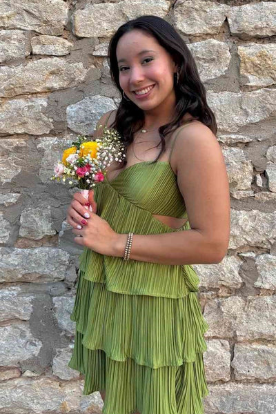 V-Neck Sleeveless A-Line Pleated Tiered Mini  Party Homecoming Dress