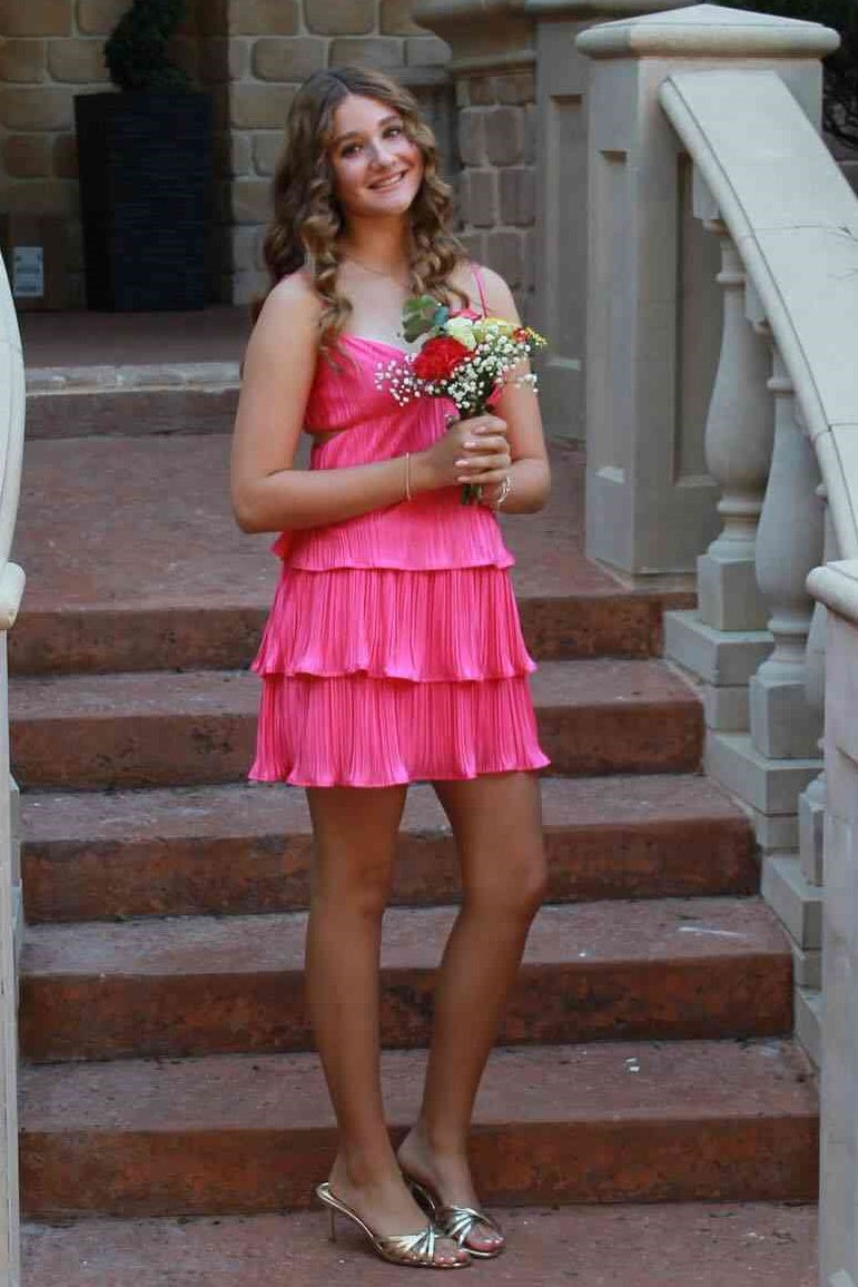V-Neck Sleeveless A-Line Pleated Tiered Mini  Party Homecoming Dress