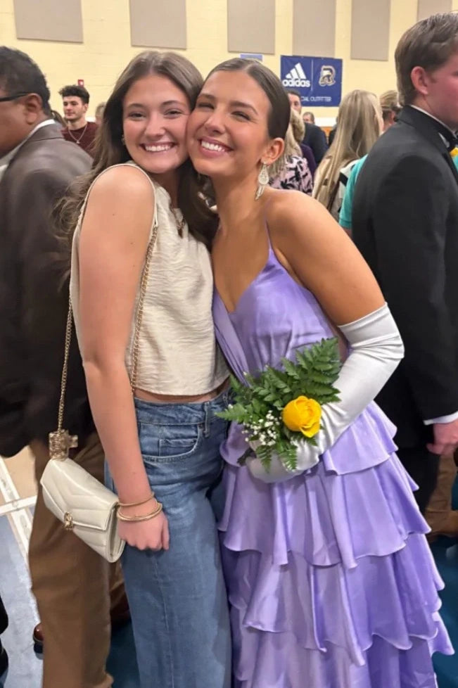 V-Neck Sleeveless A-Line Satin Tiered Party Prom Dress