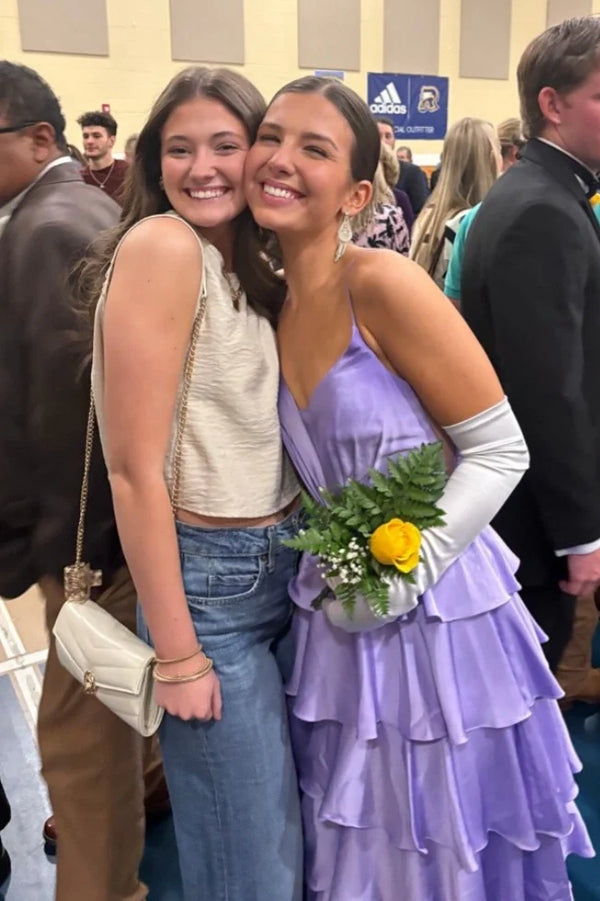 V-Neck Sleeveless A-Line Satin Tiered Party Prom Dress