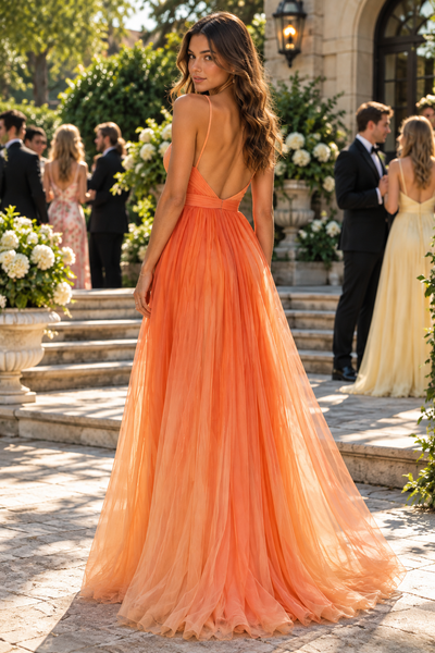 V-Neck Sleeveless Empire Backless Tulle A-Line Party Prom Dress