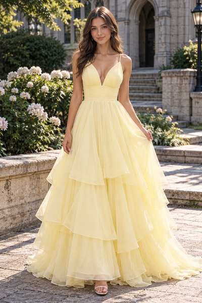 V-Neck Sleeveless Empire Tiered A-Line Tulle Party Prom Dress