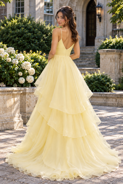 V-Neck Sleeveless Empire Tiered A-Line Tulle Party Prom Dress