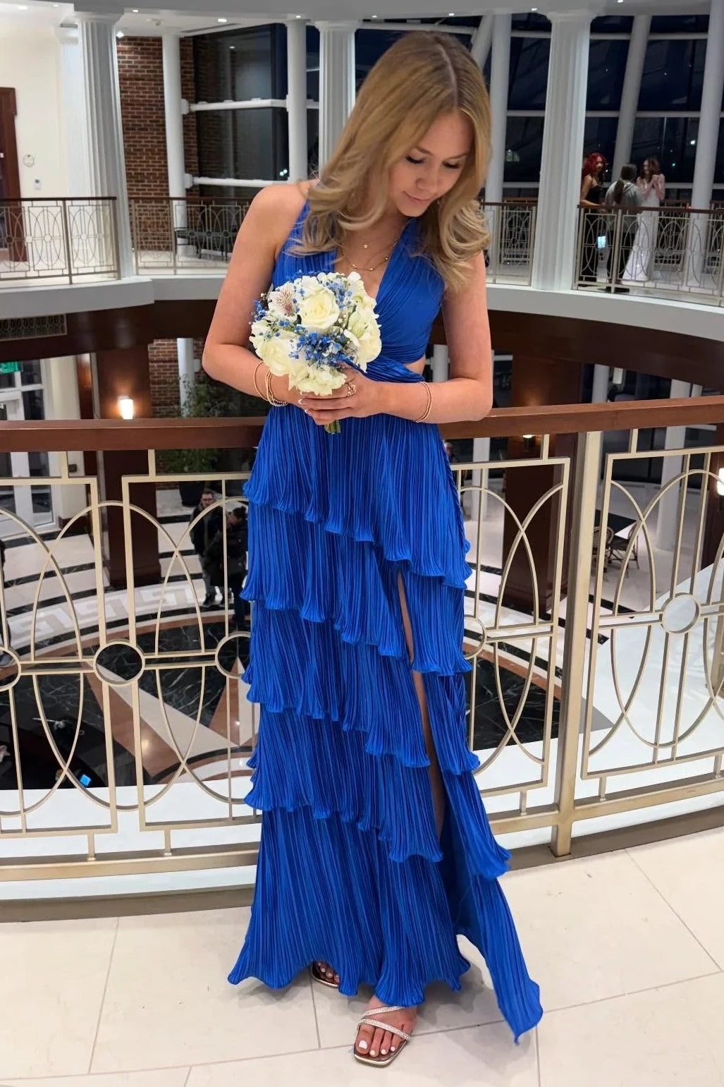 V-Neck Sleeveless Illusion Empire Pleated Satin A-Line Party Prom Dress
