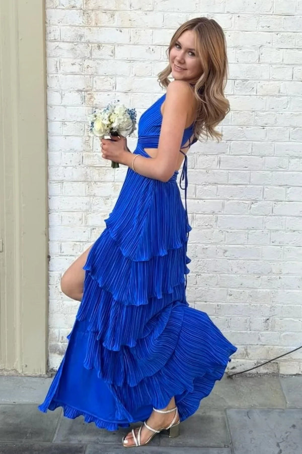 V-Neck Sleeveless Illusion Empire Pleated Satin A-Line Party Prom Dress