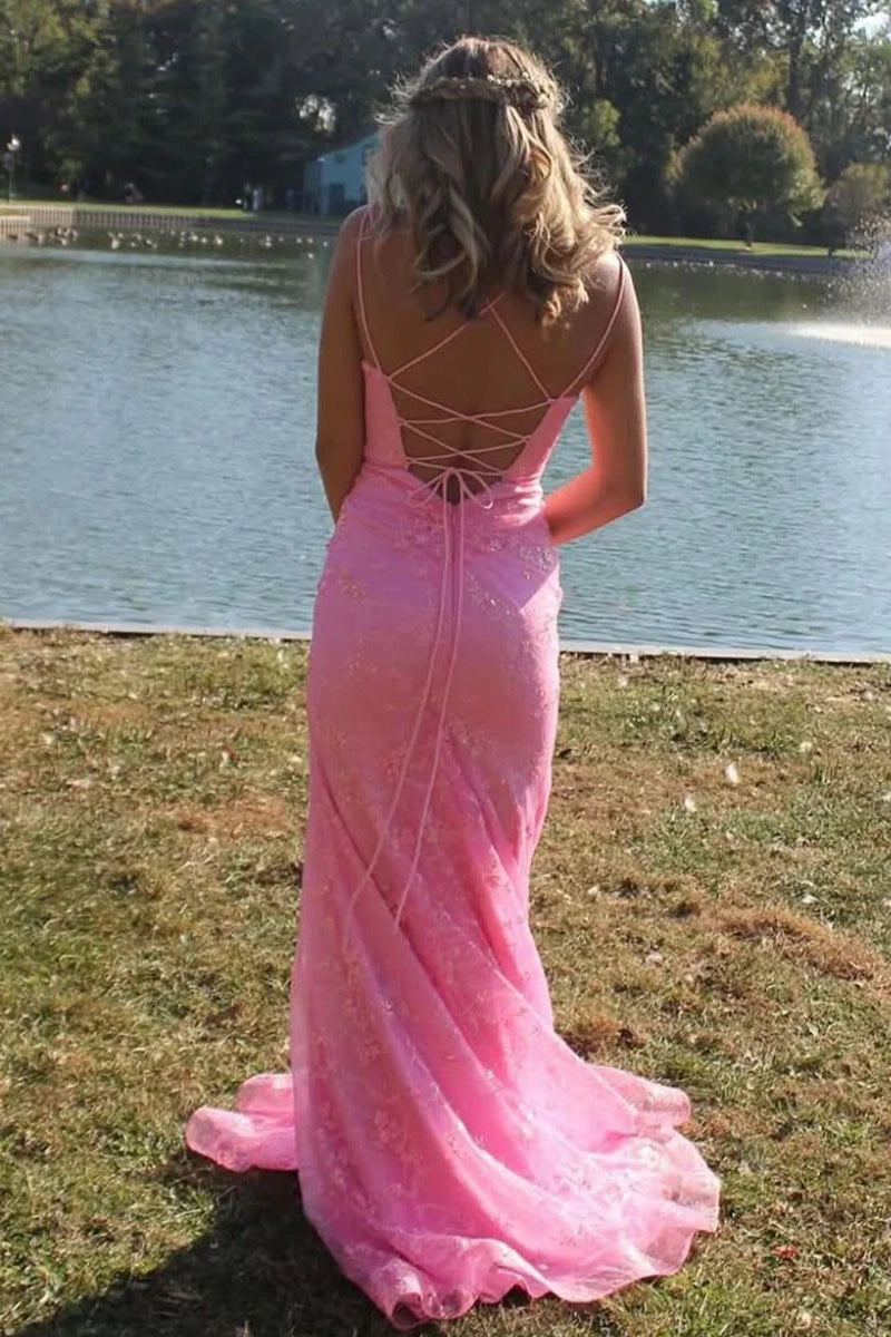 V-Neck Sleeveless Lace-Up Mermaid Lace Split Party Prom Dress
