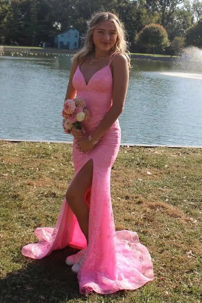 V-Neck Sleeveless Lace-Up Mermaid Lace Split Party Prom Dress