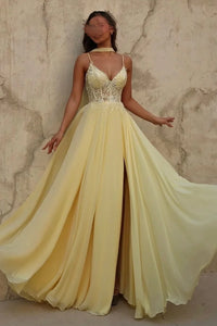 V-Neck Sleeveless Lace Top Chiffon A-Line Party Prom Dress