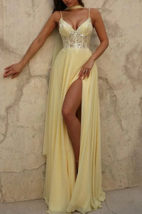 V-Neck Sleeveless Lace Top Chiffon A-Line Party Prom Dress