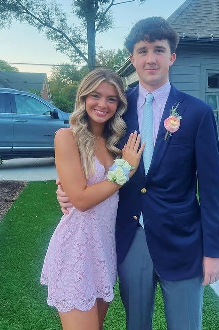 V-Neck Sleeveless Open Back Lace A-Line Mini Homecoming Dress