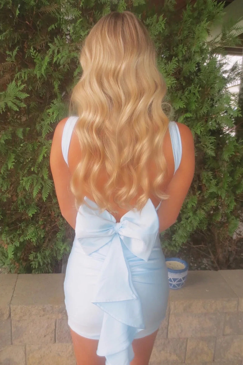 V-Neck Sleeveless Open Back Satin Bodycon Homecoming Dress With Bow
