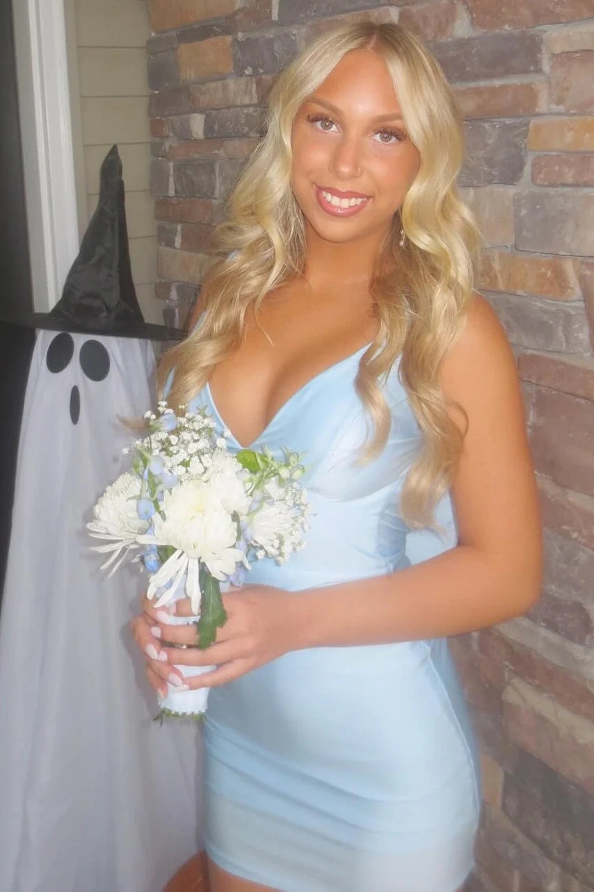 V-Neck Sleeveless Open Back Satin Bodycon Homecoming Dress With Bow