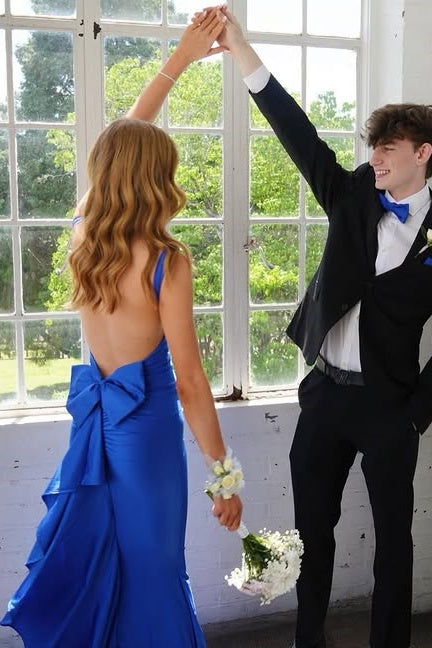 V-Neck Sleeveless Open Back Satin Mermaid Party Prom Dress