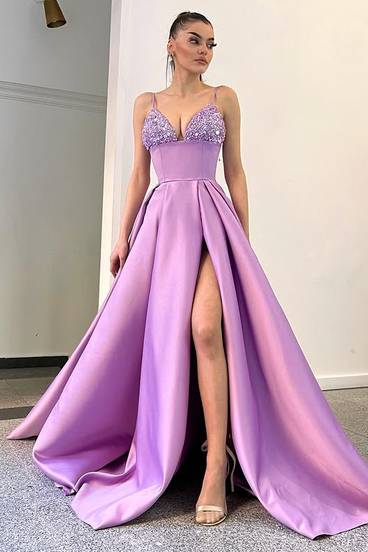 V-Neck Sleeveless Satin A-Line Empire Party Prom Dress With Slit 