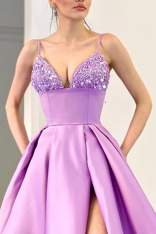 V-Neck Sleeveless Satin A-Line Empire Party Prom Dress With Slit 