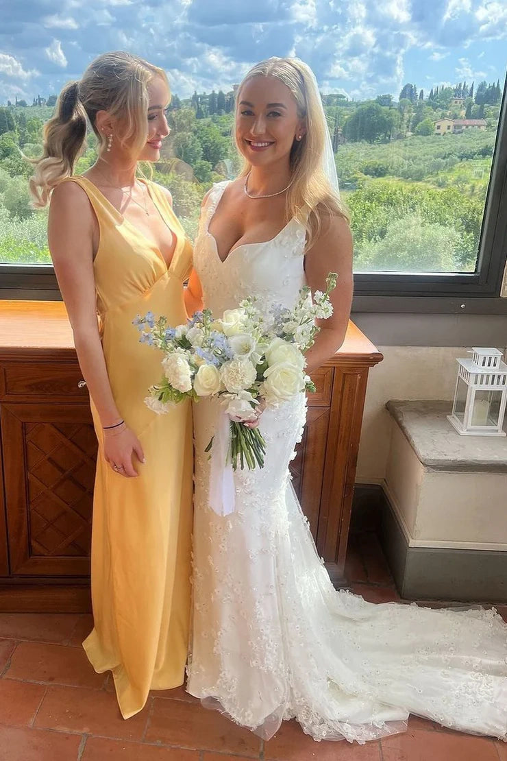 V-Neck Sleeveless Satin Fitted Long Bridesmaid Dress