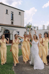 V-Neck Sleeveless Satin Fitted Long Bridesmaid Dress