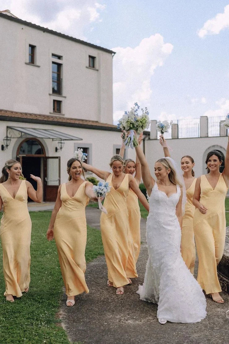 V-Neck Sleeveless Satin Fitted Long Bridesmaid Dress